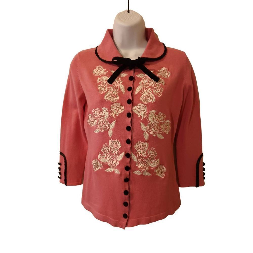 Embroidered Rose Button-Up Cardigan - Coral with Black Trim - Picture 7 of 14